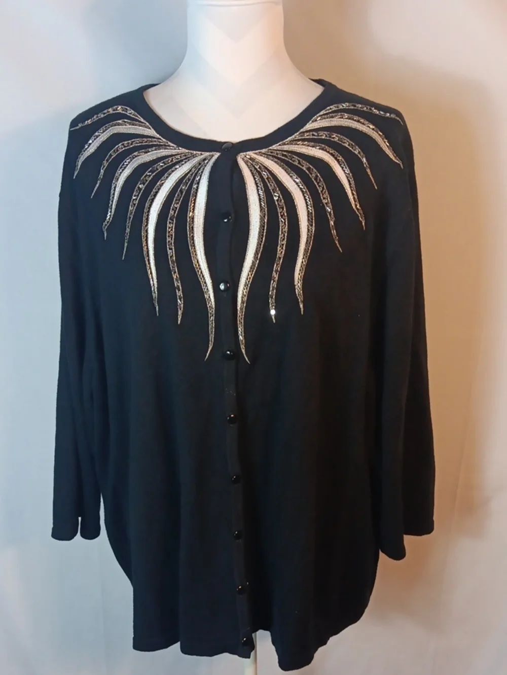 Bob Mackie "Wearable Art" Black Beaded Cardigan with Metallic Neck Embellishment